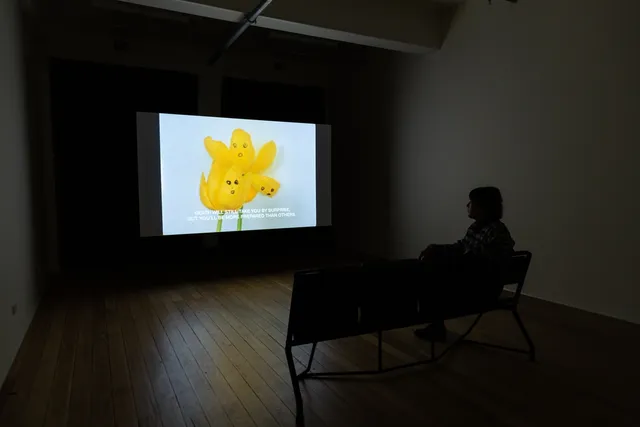 A person sitting on the bench watching a video.