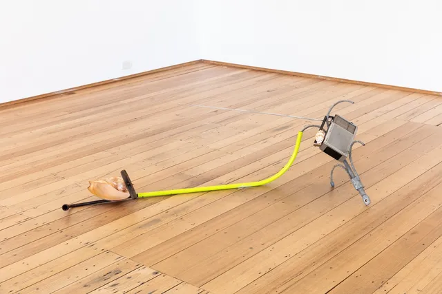 Sculptural installation piece comprised of metal two shells and a radio sits on the warm floorboards of the gallery.