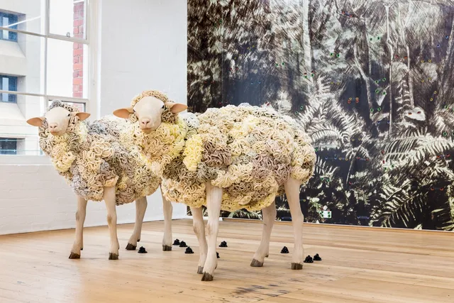 Two sheep installation work in front of a wall with trees and plants.