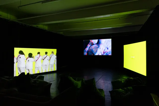 A photograph of artist HOSSEI's audio-visual artwork THUNDERBLOOM. Three screens glow with the projected images of performers, bright backgorund colours and captioned lyrics.