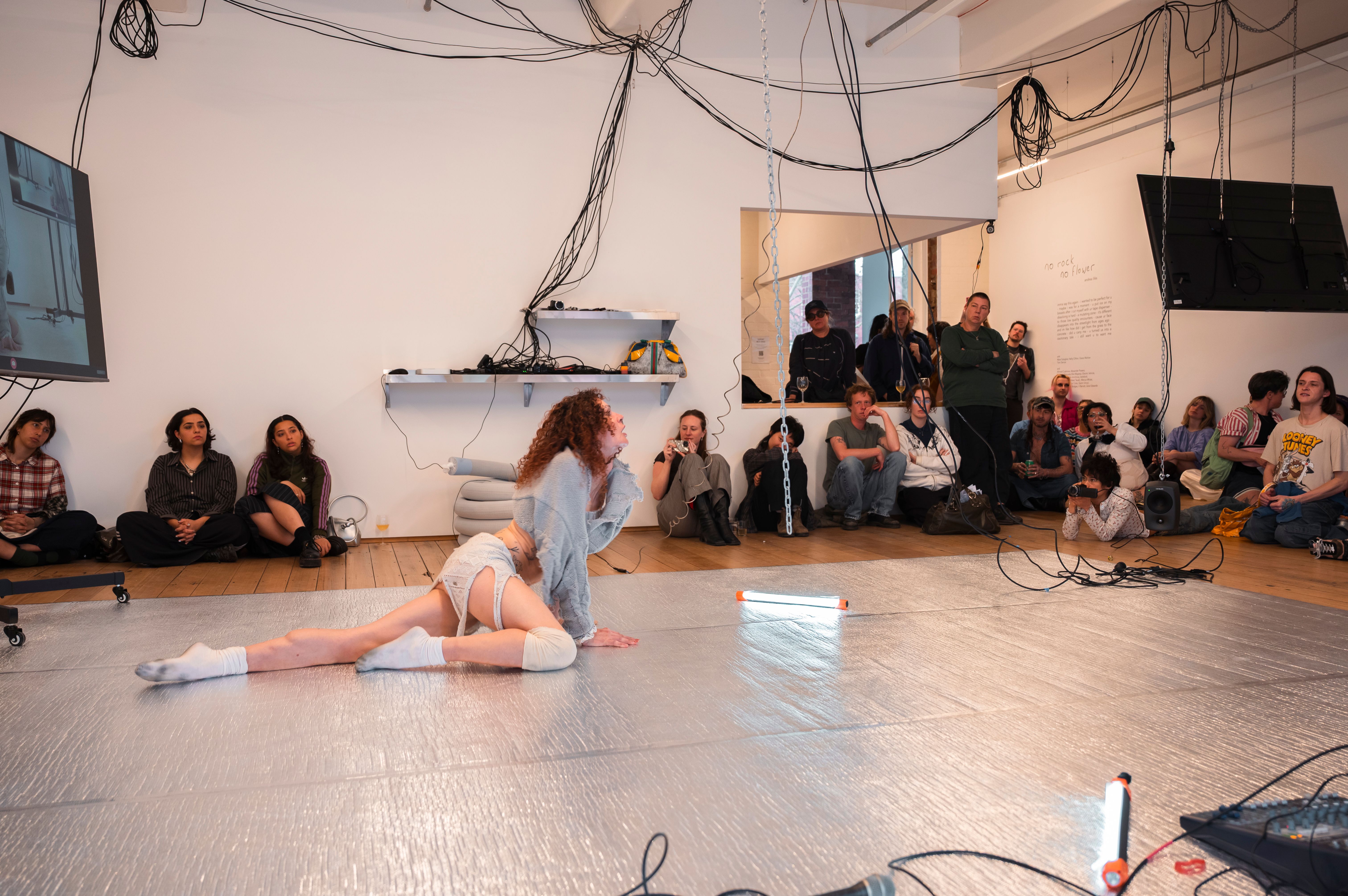 Andrea is crawling across the silver floor of the gallery while dozens of audience members watch her intently