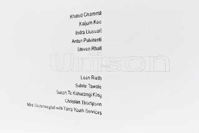 An array of text for an exhibition titled 'Unison'. There are 5 artist names above and below the large printed word, in a hollowed font.