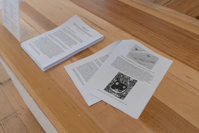 Some exhibition flyers on a wooden table.