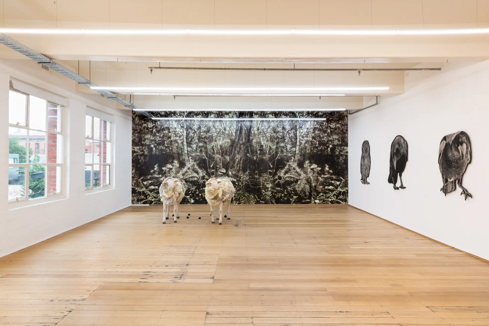 Two sheep sculptures in gallery displayed in front of a black and white backdrop of trees and foliage. Three large black and white cut out photographs of birds displayed on gallery wall.