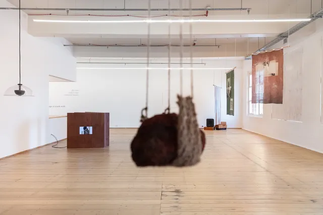 Install view of 'language to reach with' shot from behind Moorina Bonini's piece of hanging earth in blur with the focus on the rest of the gallery space.