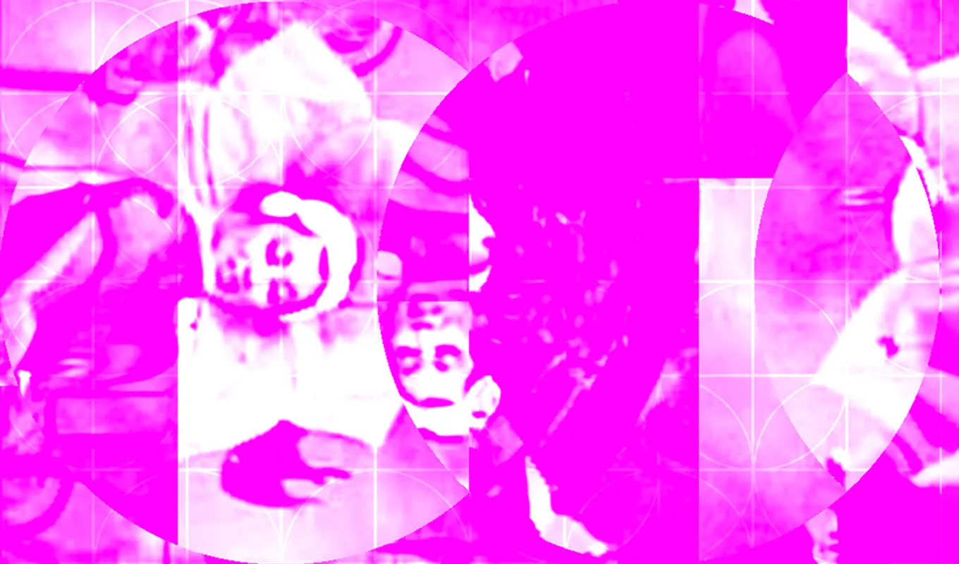 A hot pink / purple ven-diagram-like image of two overlapping female figures and faces. One of the images in the second circle frame is turned to appear upside down.