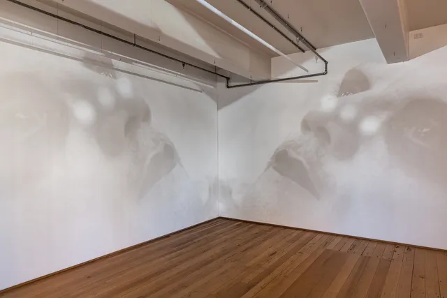 Installation view of "Big Pharmakon". The image shows two walls displaying a large close-up projection of a person with white facepaint and black facepaint surrounding their eyes. The person is wide-eyed and looks upwards.