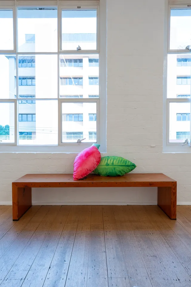 Wooden bench sitting in front of the windows in the West Space gallery. Two pillows resembling leaves sit atop the bench, one if bright pink and the other bright green.
