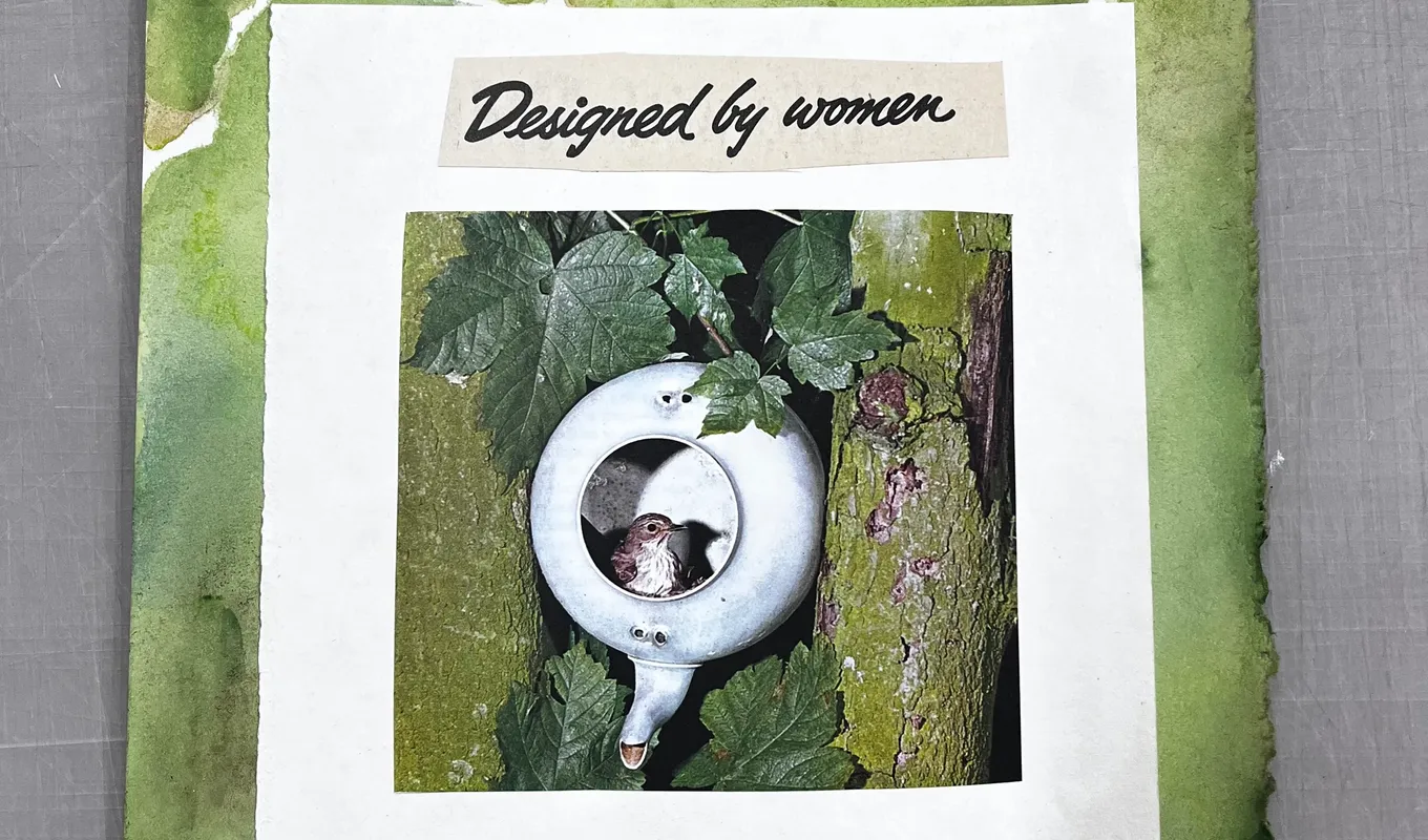 An artwork with text "Designed by women" and a portrait of a bird in a teapot.