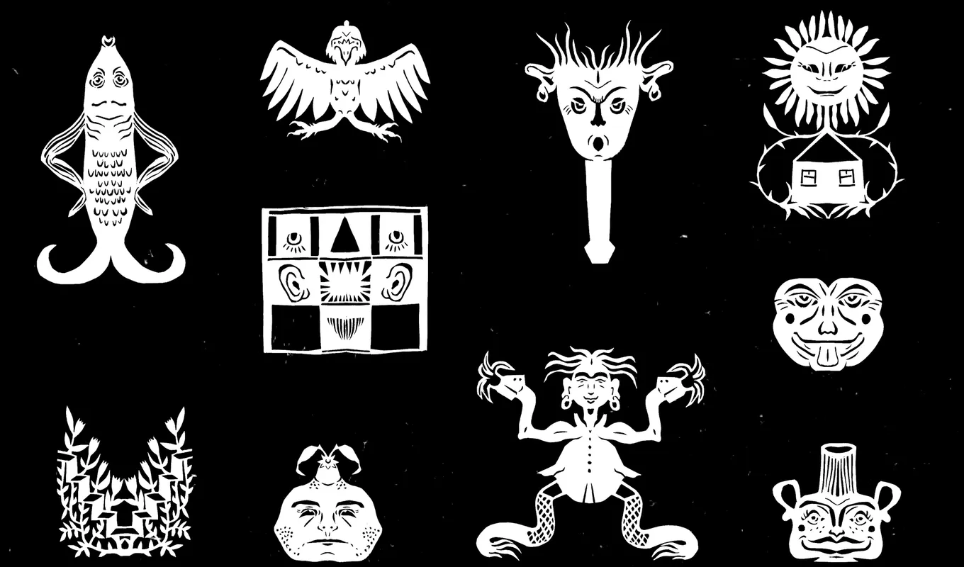 An illustration by Lily Pook-Ryan showing a collection of white paper cut-out style figures and characters spread across a black background