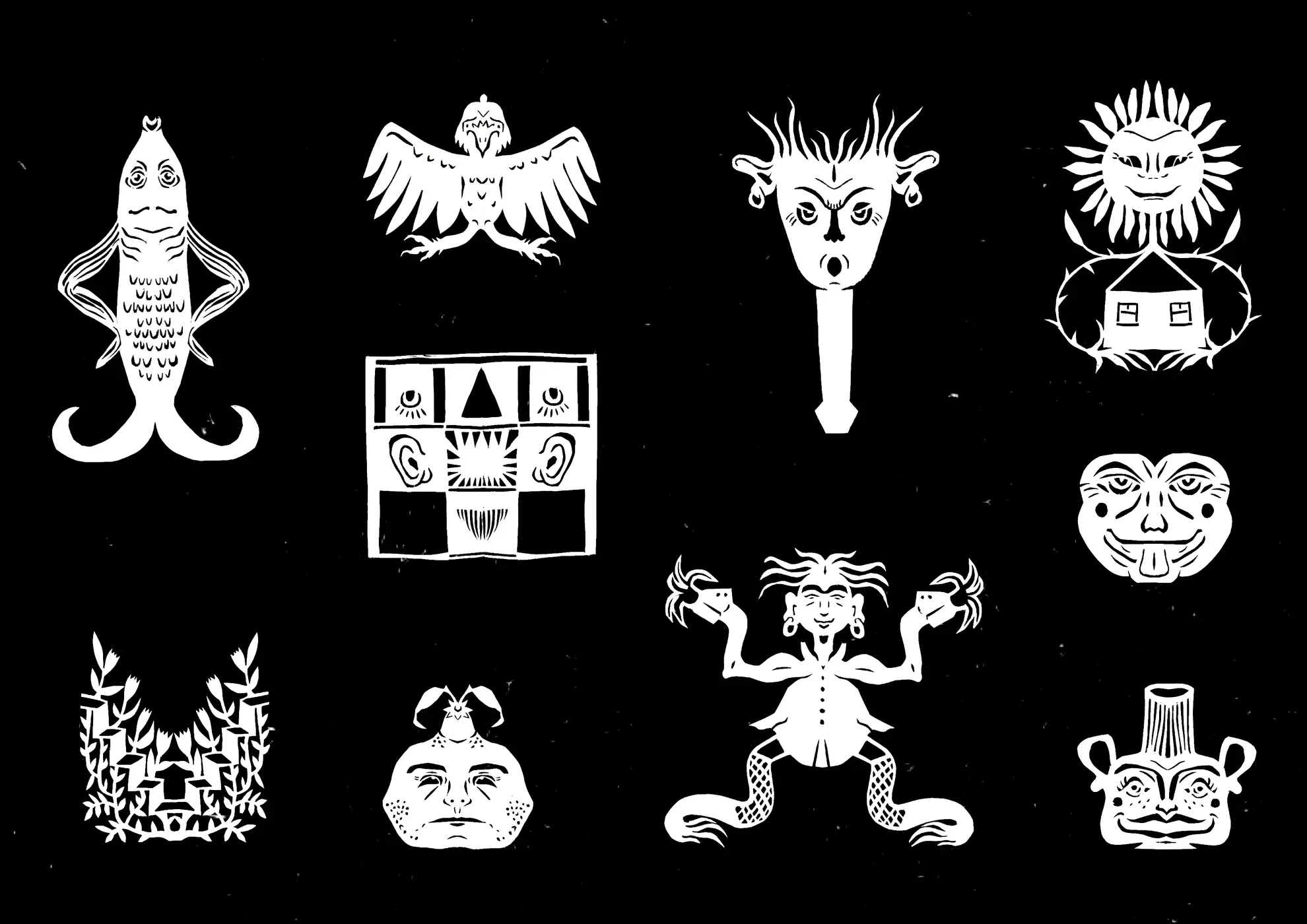 An illustration by Lily Pook-Ryan showing a collection of white paper cut-out style figures and characters spread across a black background
