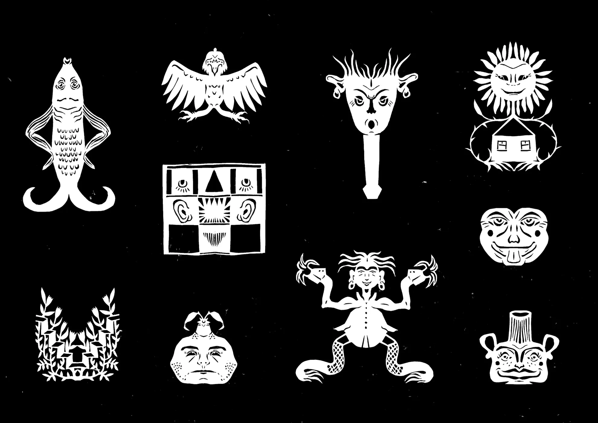 An illustration by Lily Pook-Ryan showing a collection of white paper cut-out style figures and characters spread across a black background