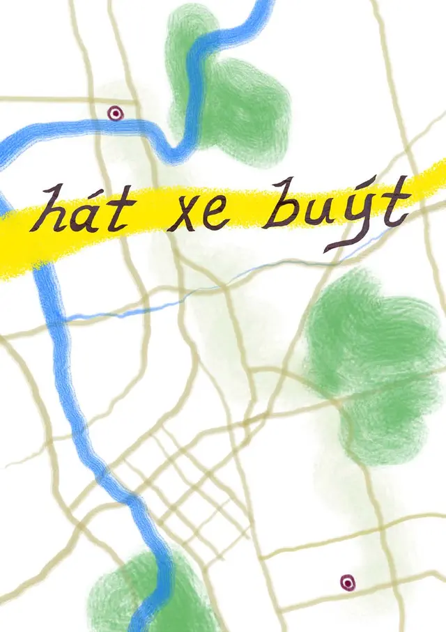 The words 'hat xe buyt' drawn thickly in black pencil and highlighted in yellow. The text is over a map of green grass-like blotches and roads or river ways represented in drawn lines.