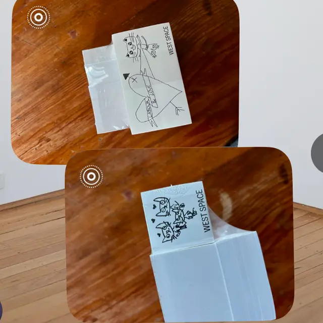 Screenshot of a series of texts between West Space staff Gabriela Renee Williams and Joanna Kitto. The texts begin with a photo of a West Space merch tea towel then alternating texts reading 'They really nixed quality!, Nice omg, Take my money!!!, I say we don't release the look see till later'. And continued with two photos featuring a cat graphic card and stickers.