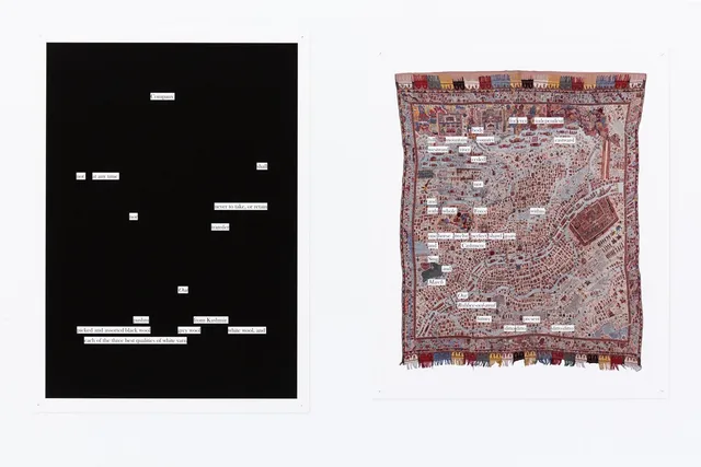 Words scattered on black paper at the left, words scattered on the image of an embroidered map at the right.