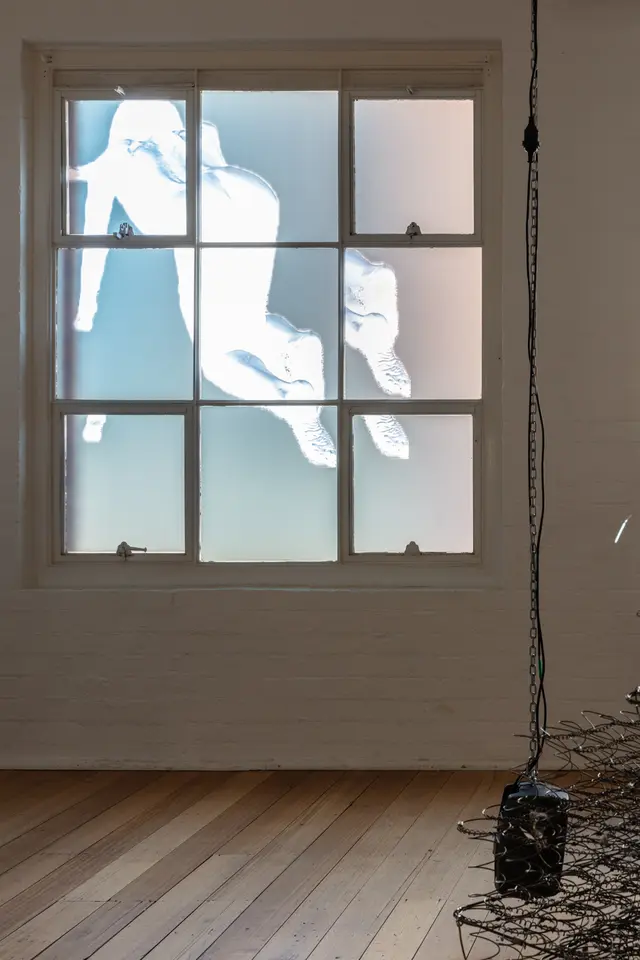 A negative photo of a crawling person is displayed on the gallery windows.