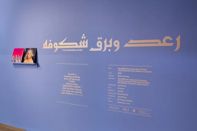 A photograph of the THUNDERBLOOM exhibition text printed directly onto the gallery wall, the title written in Farsi.