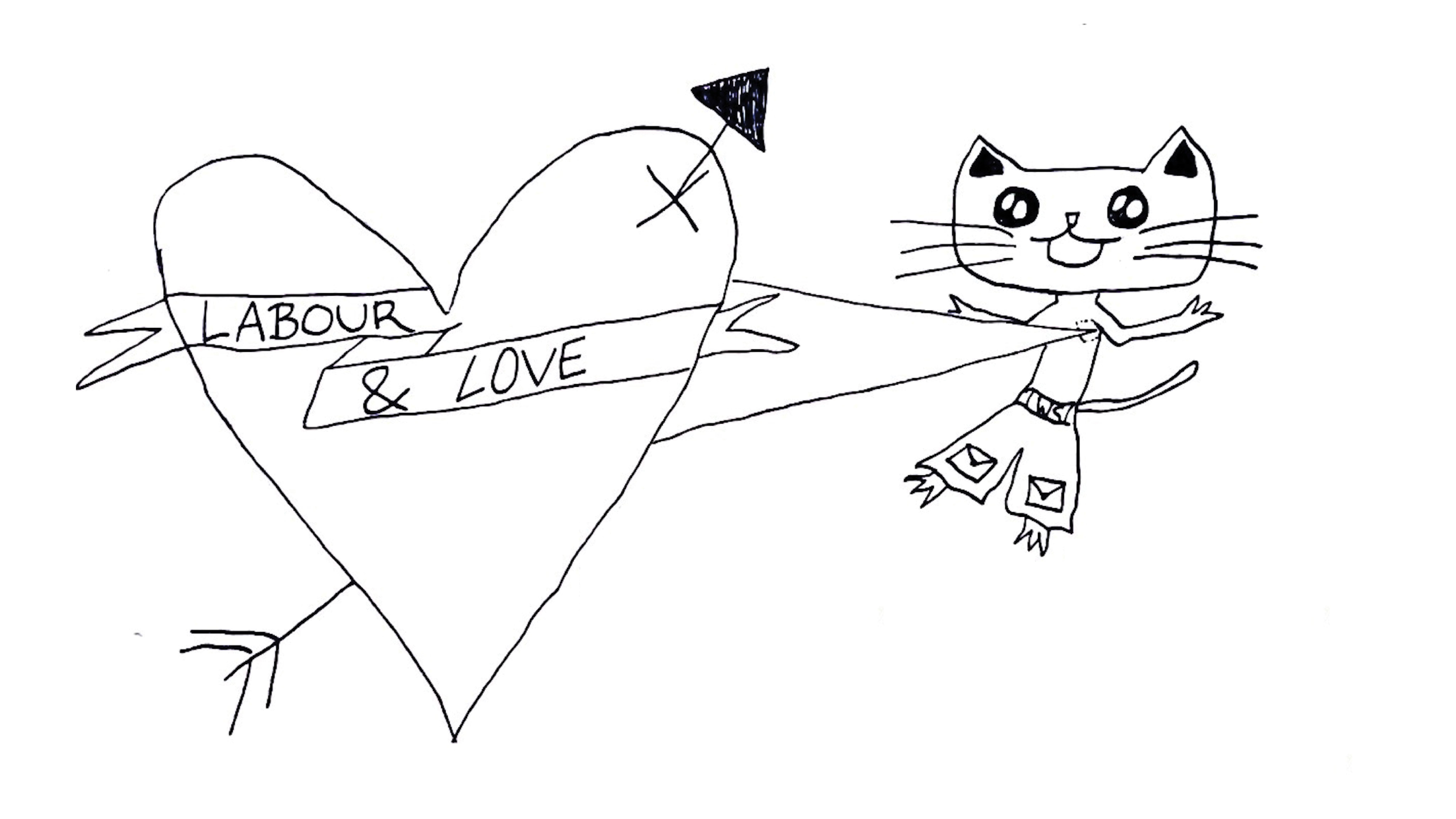 A graphic illustration of an anthropomorphic cat with a heart beating out of its chest. Inside the heart the words 'labour and love' are written and in large capital letters 'West Space Fundraiser' is written on the bottom right of the illustration.