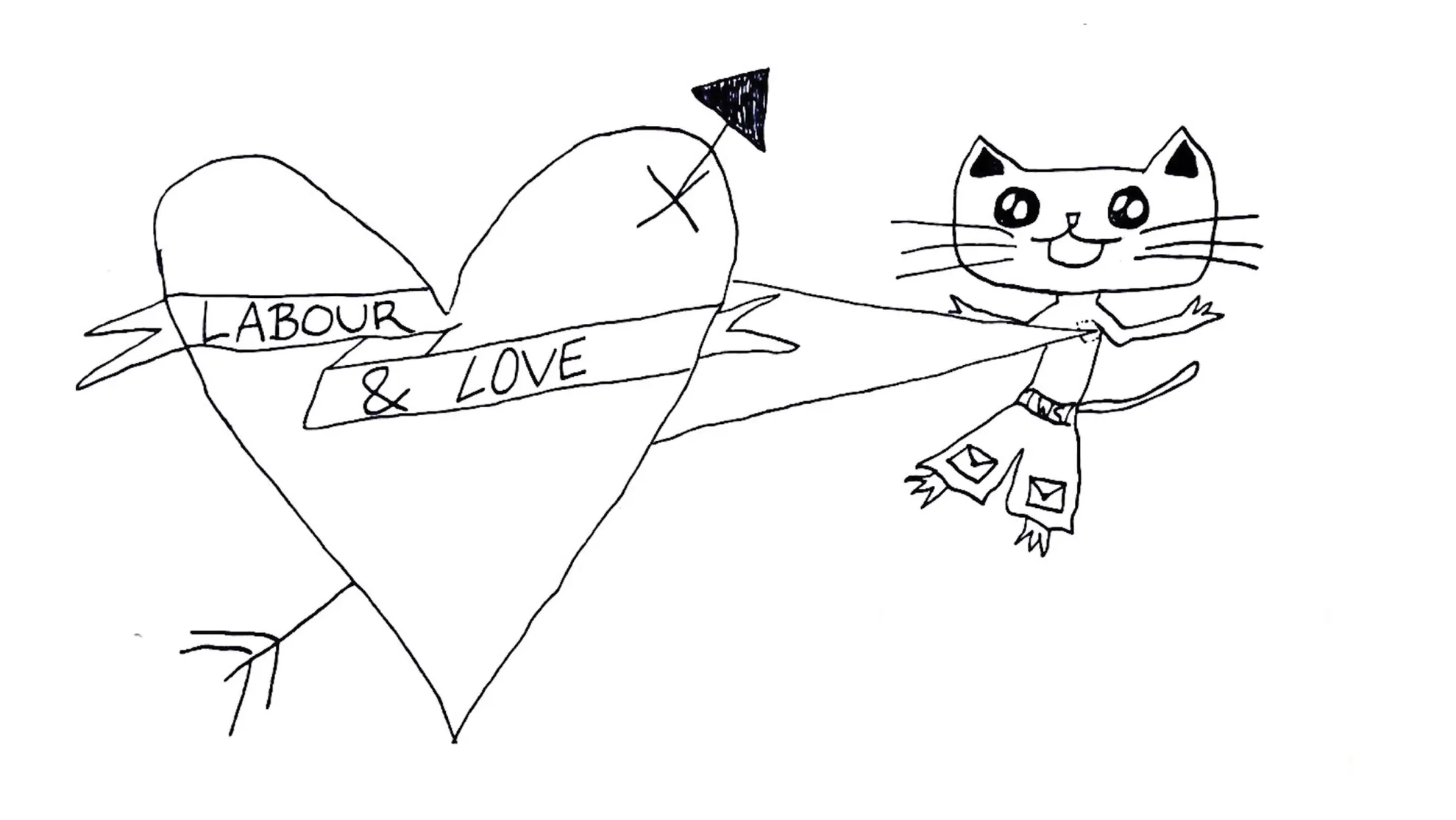 A graphic illustration of an anthropomorphic cat with a heart beating out of its chest. Inside the heart the words 'labour and love' are written and in large capital letters 'West Space Fundraiser' is written on the bottom right of the illustration.