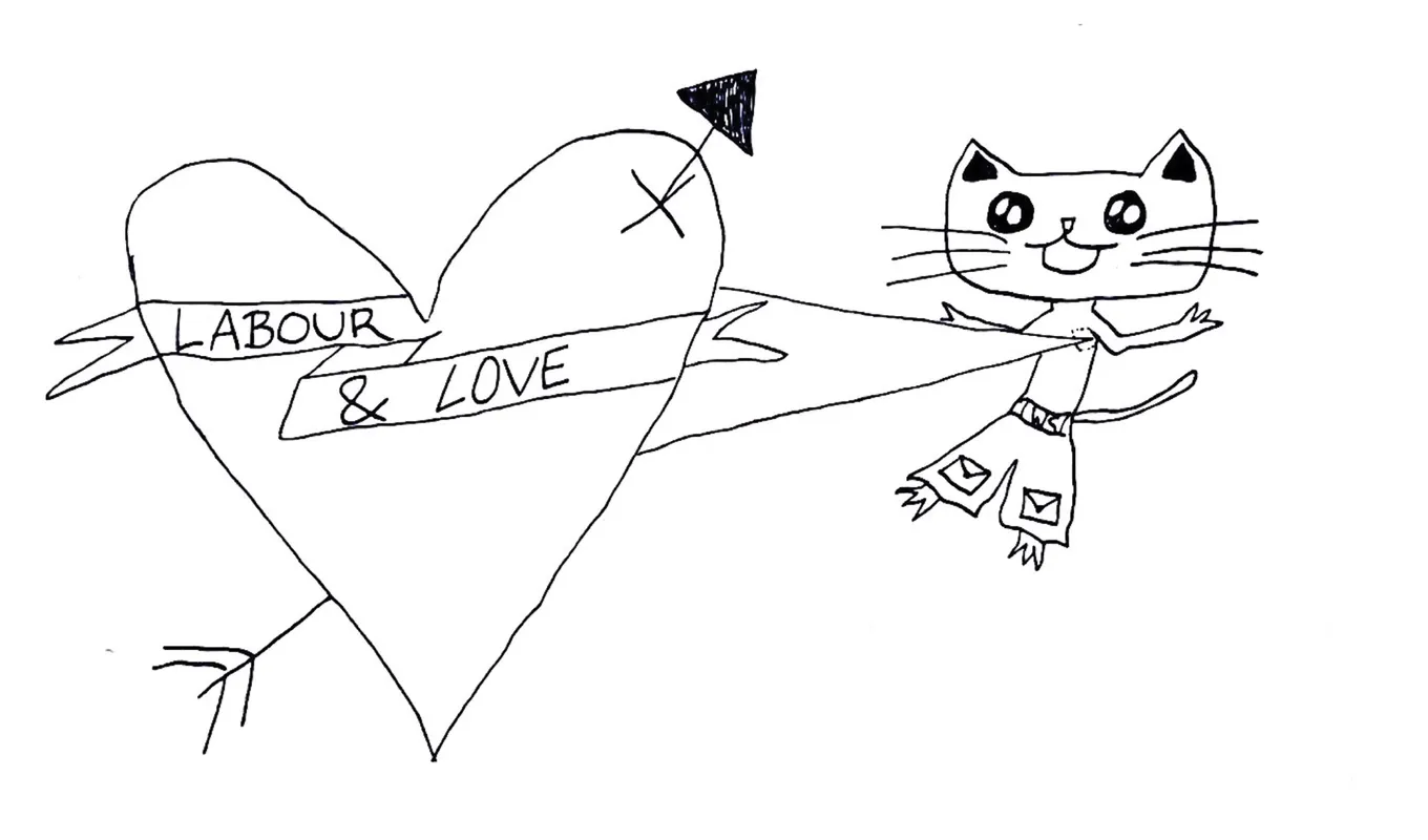 A graphic illustration of an anthropomorphic cat with a heart beating out of its chest. Inside the heart the words 'labour and love' are written and in large capital letters 'West Space Fundraiser' is written on the bottom right of the illustration.