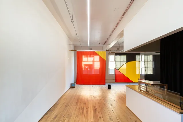 Installation view of "Big Pharmakon". In the background 3 semi-transparent sheets hang in front of windows in the West Space Gallery. The left sheet shows a small yellow triangle in the top right over a red background. The middle sheet shows a segment of a yellow circle bisected by a red triangle over a black background. The right most sheet is only partially visible and is completely black. A small speaker and analog television sit on the floor between the sheets. On the right is a countertop with a wooden and glass structure containing a camera.