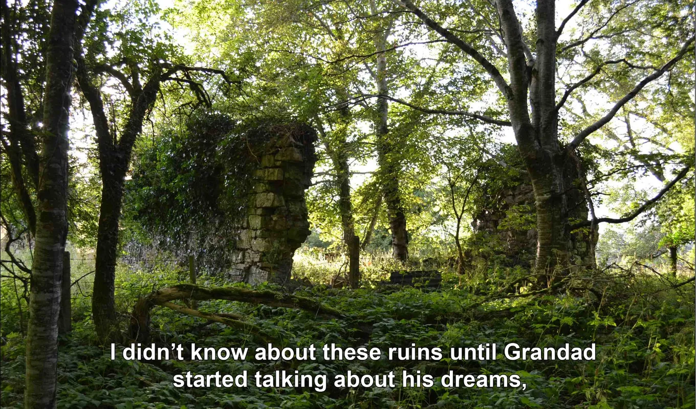 A nature scene shown with the caption 'I didn't know about these ruins until Grandad started talking about his dreams,'.