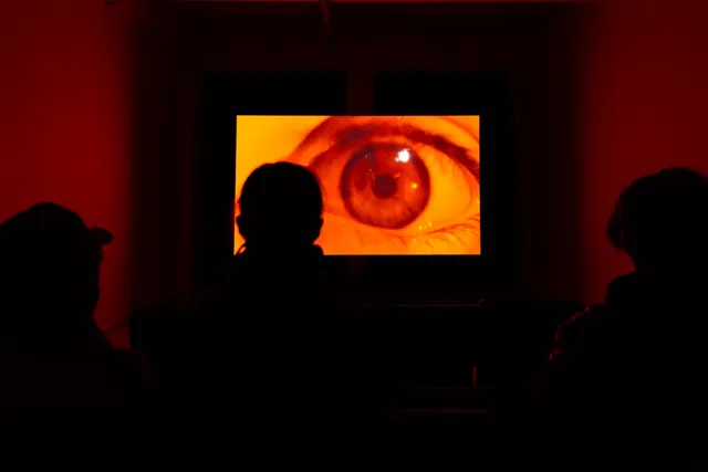 A bright projection of a close up shot of an orange eye illuminates the silhouttes of several figures watching the projection. The eye is widened in shock