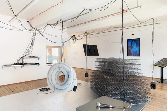 A suspended coil of pipes, a pile of springs from mattresses, two speakers, two screens, an blue image of a woman in the gallery. The middle of the floor is covered in foil mat.