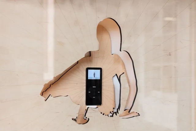 Close-up of a contorted figure laser-cut out of wooden sheets and transformed into two seperate layers. One in front of the other with an iPod placed in the centre of the figure showing a video.