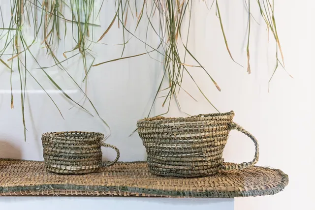 Some densely woven mugs in colours of green, tinted yellow and brown, natural fibres on a rounded, weaved platform. There are 2 mugs, only half of the overall composition install. Hung above the elevated mugs is fragments, is the fibre in it's natural state - draping.