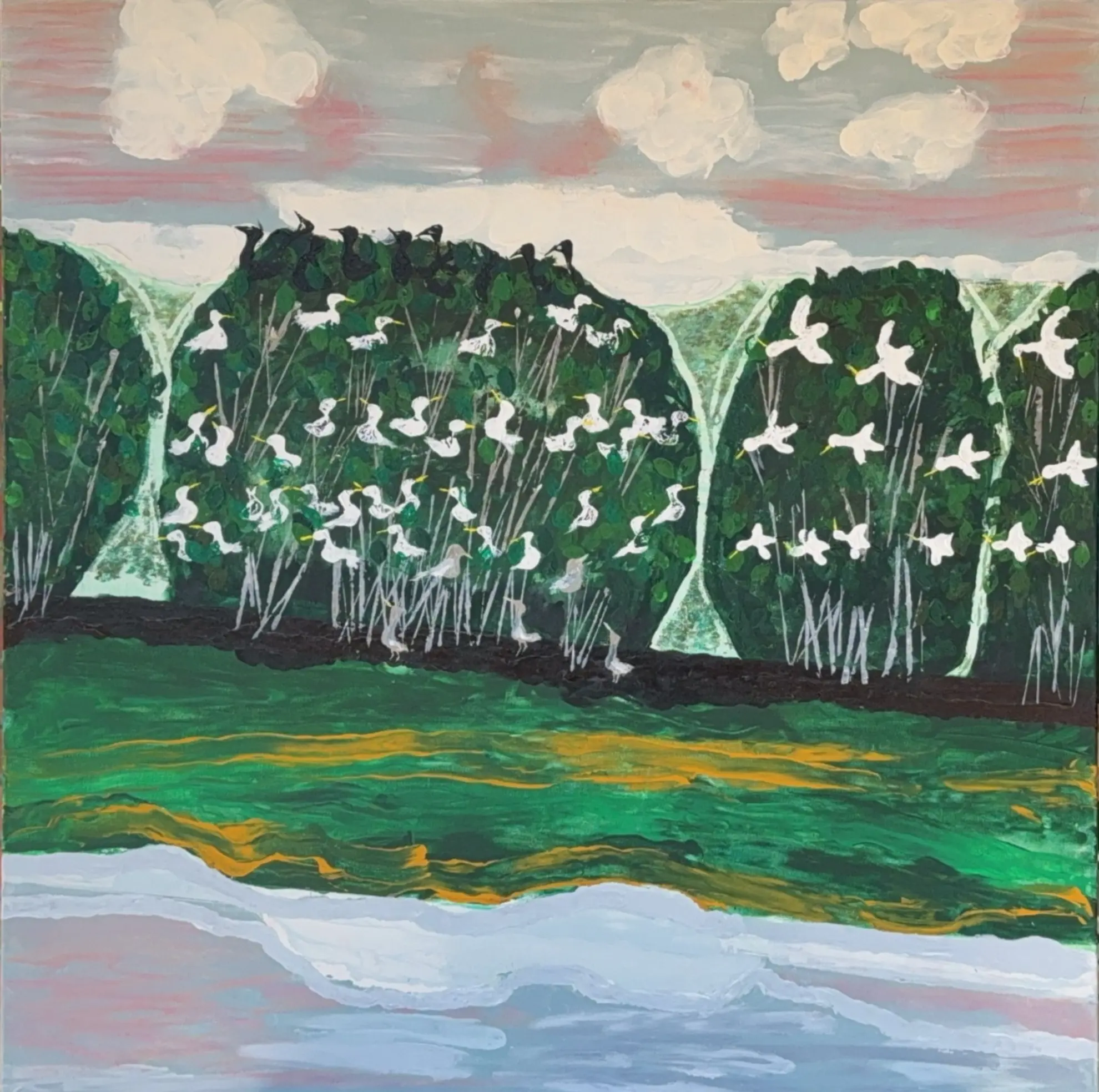 A detail of the artwork showing three trees host a number of birds across a sunsetting sky.
