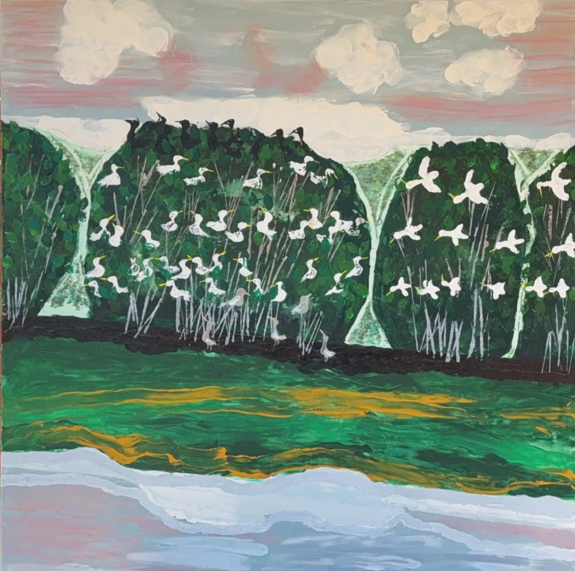A detail of the artwork showing three trees host a number of birds across a sunsetting sky.