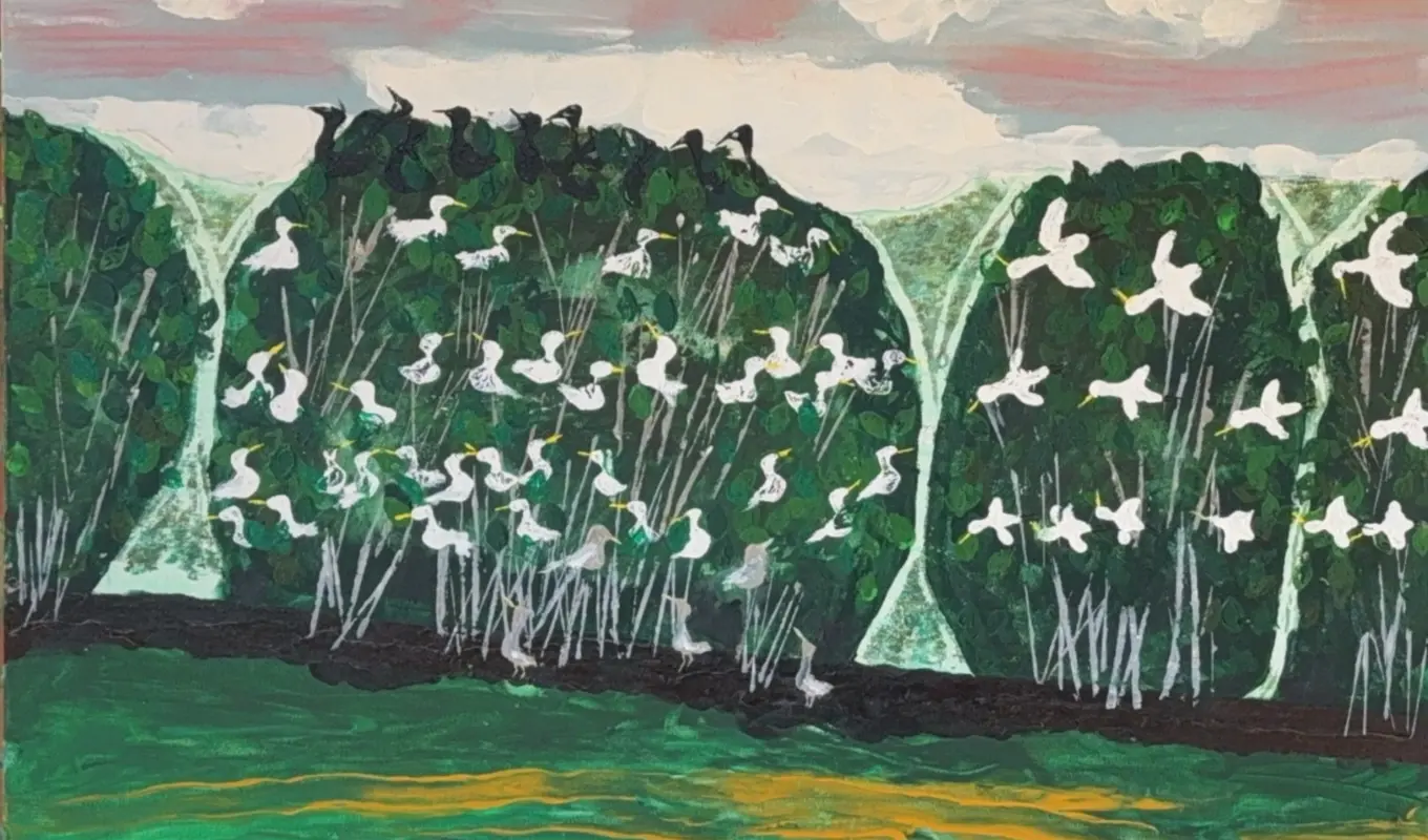 A detail of the artwork showing three trees host a number of birds across a sunsetting sky.