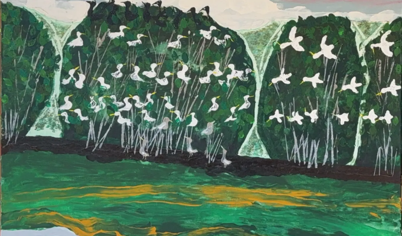 A detail of the artwork showing three trees host a number of birds across a sunsetting sky.
