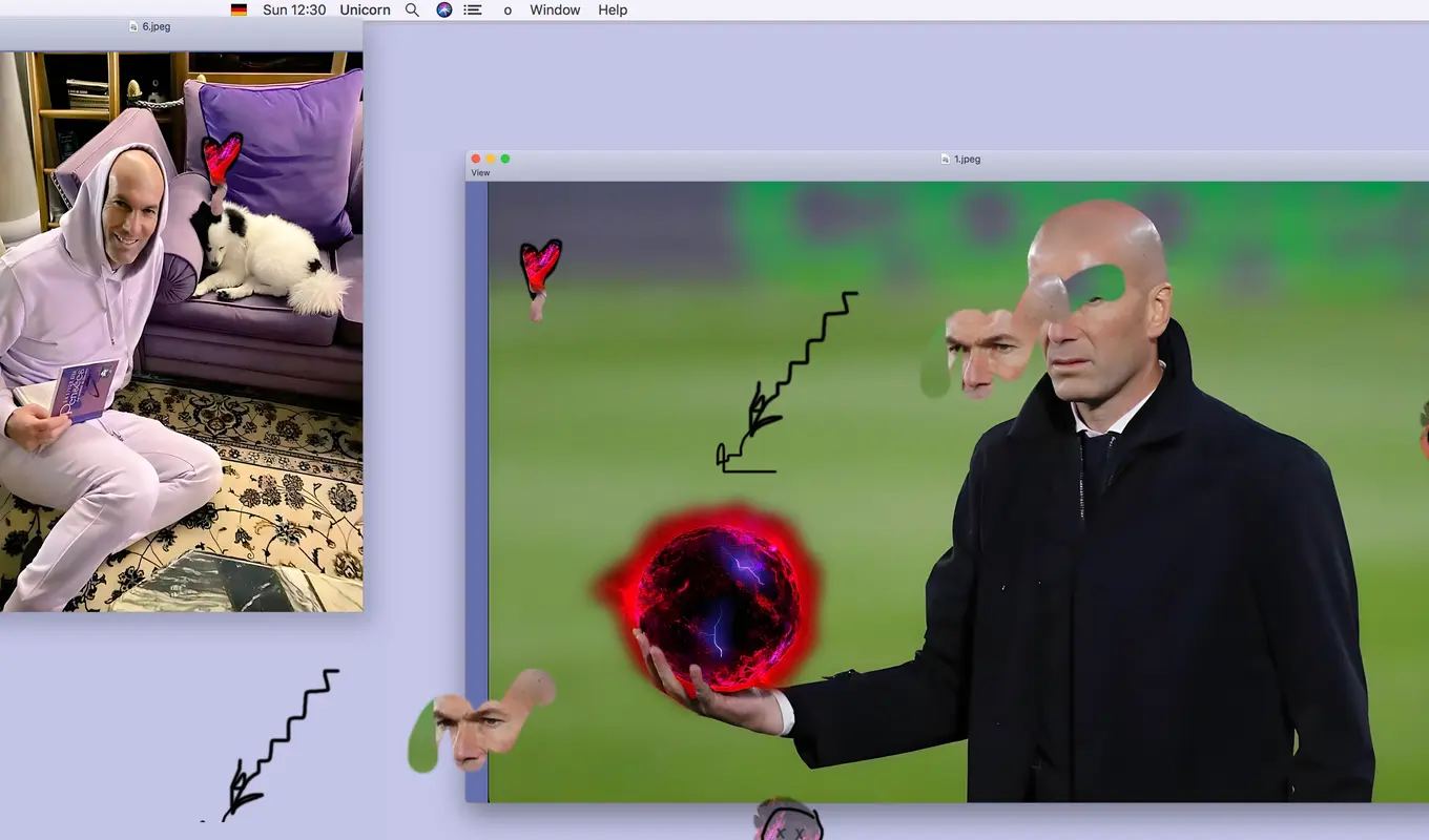 An elongated landscape image comprising of digital images - cropped and placed in an amplitude-like sequence in different scales. There is one same recurring bald figure in different settings per image.