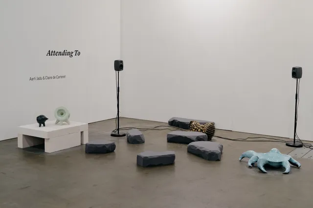 An installation work at an exhibition - some ceramic pieces, foam sculptures, two speakers, the title and artist names on the wall.
