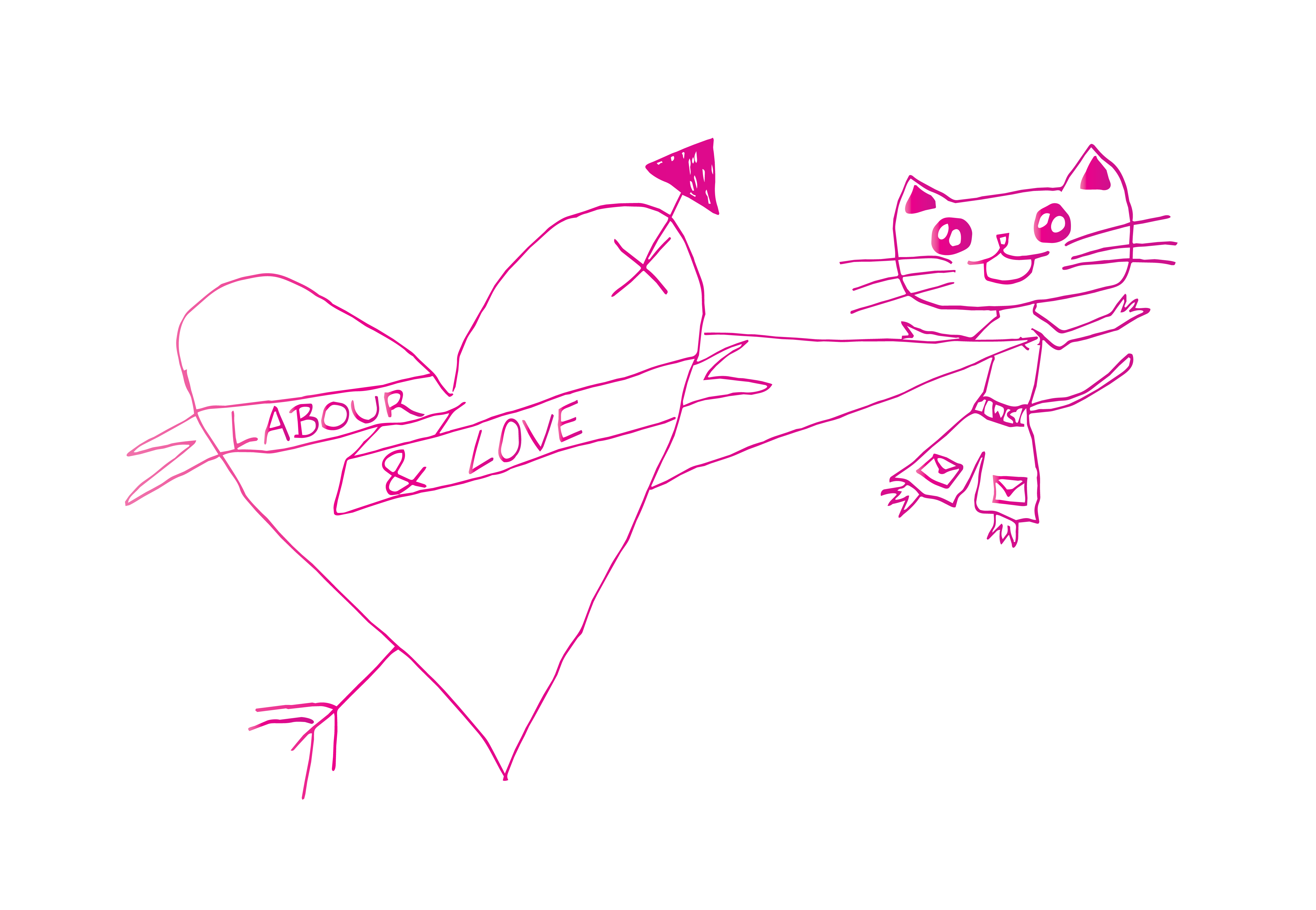 Against a white background there is a hot pink outlined graphic of an anthropomorphised cat with its heart beating out of its chest. The words Labour and Love are written within the heart.