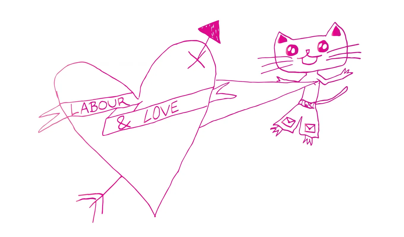Against a white background there is a hot pink outlined graphic of an anthropomorphised cat with its heart beating out of its chest. The words Labour and Love are written within the heart.