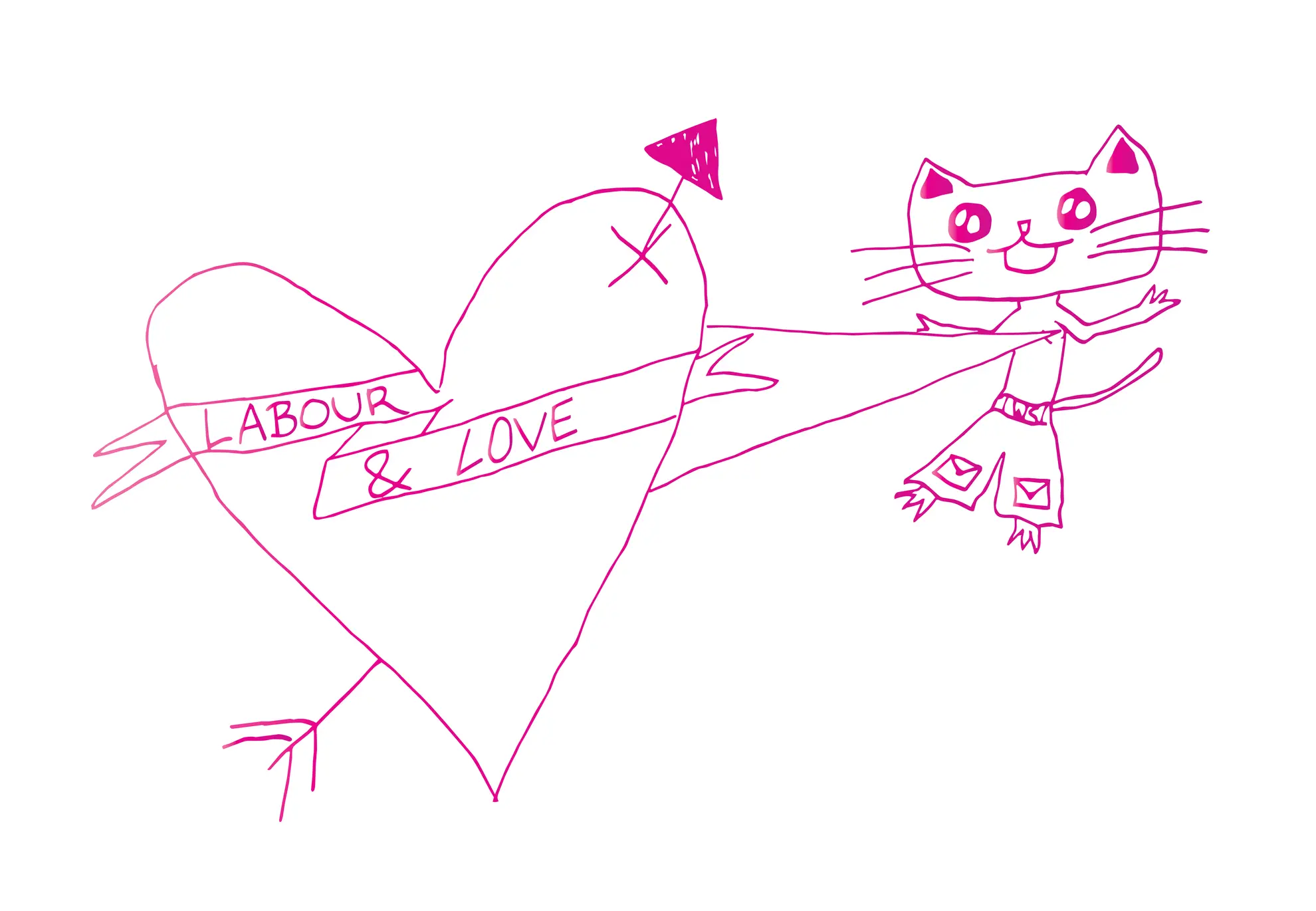 Against a white background there is a hot pink outlined graphic of an anthropomorphised cat with its heart beating out of its chest. The words Labour and Love are written within the heart.