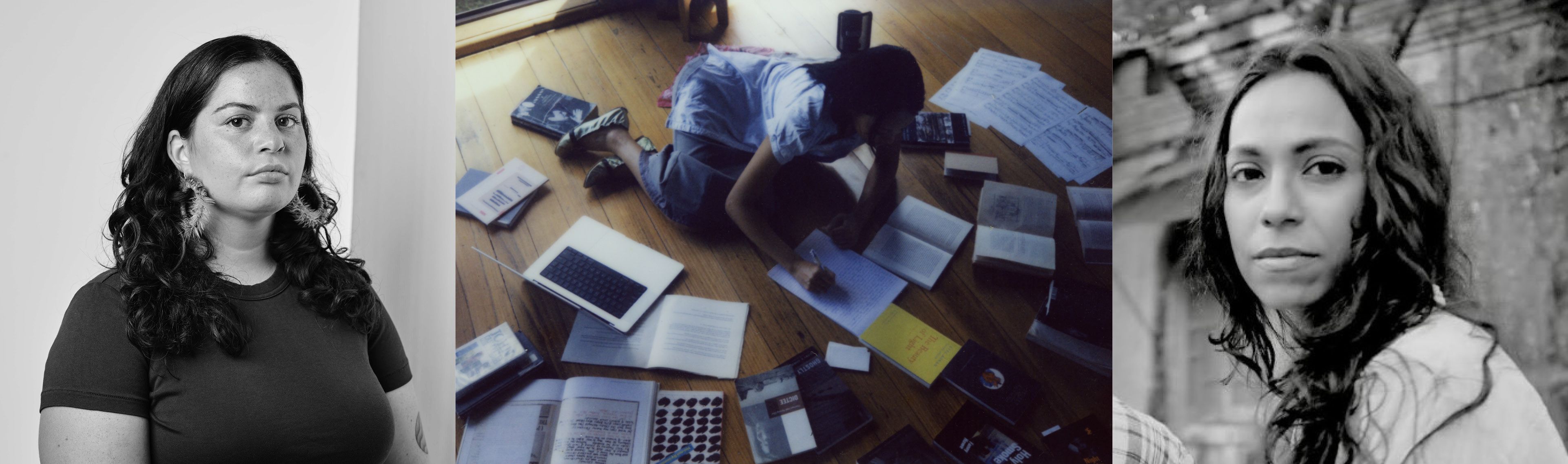 Three images combined into a strip. The first image on the left shows a black and white portrait of Moorina Bonini, the centre image shows Chi Tran sitting amongst a circle of books and magazines, and furthest to the right there is a black and white portrait photo of Nithya Lyer.