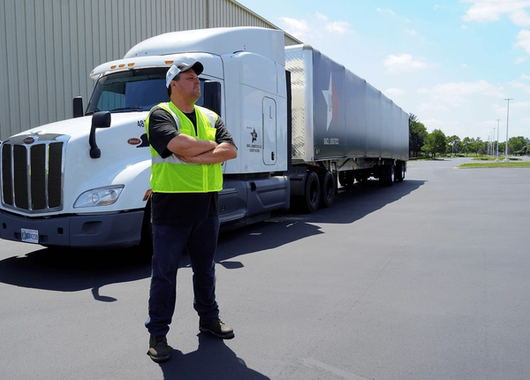 a truck driver in a neon vest, standing with arms crossed in front of a white semi-truck and trailer parked on a paved lot
