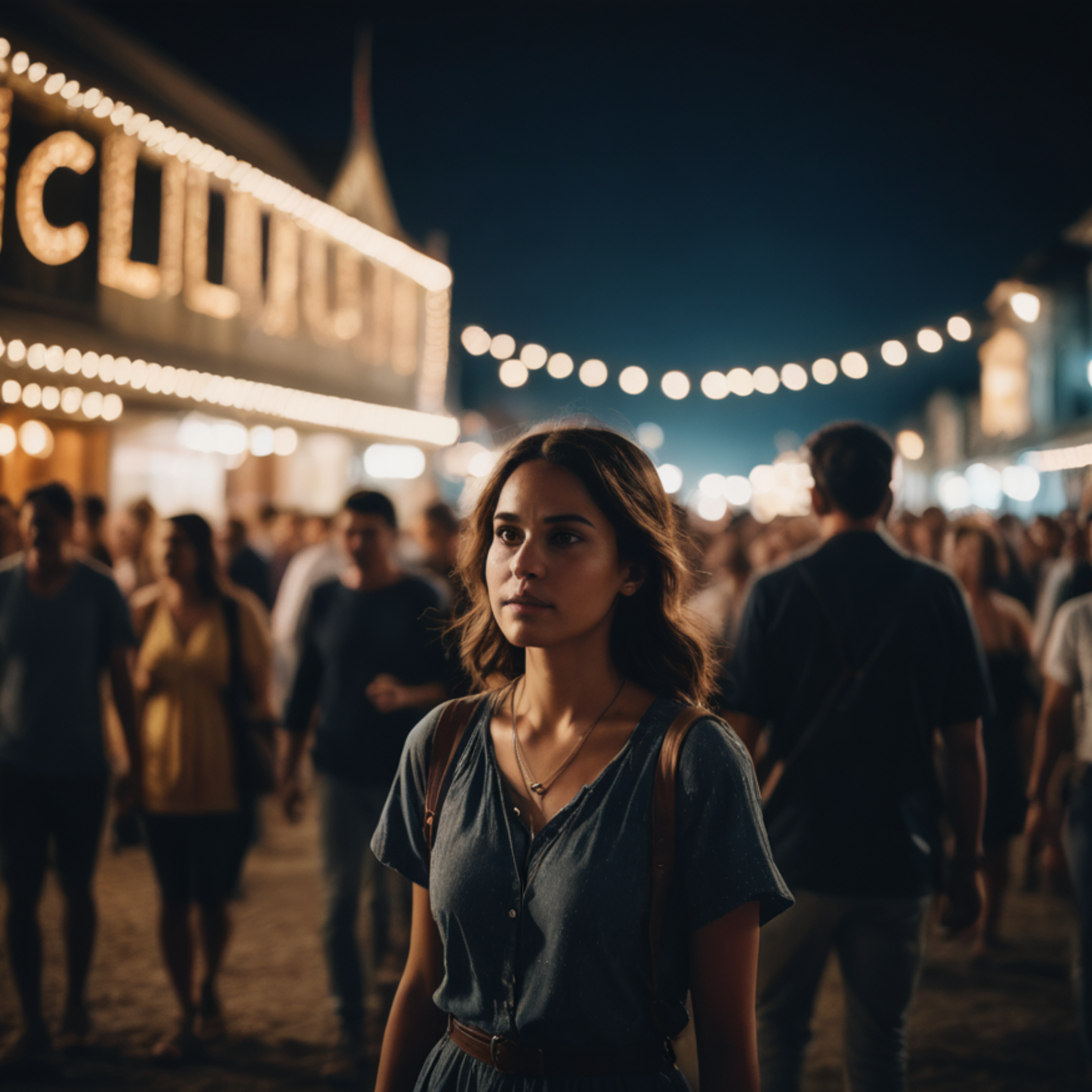 A woman stands in the midst of a crowded night festival with illuminated signs and string lights.