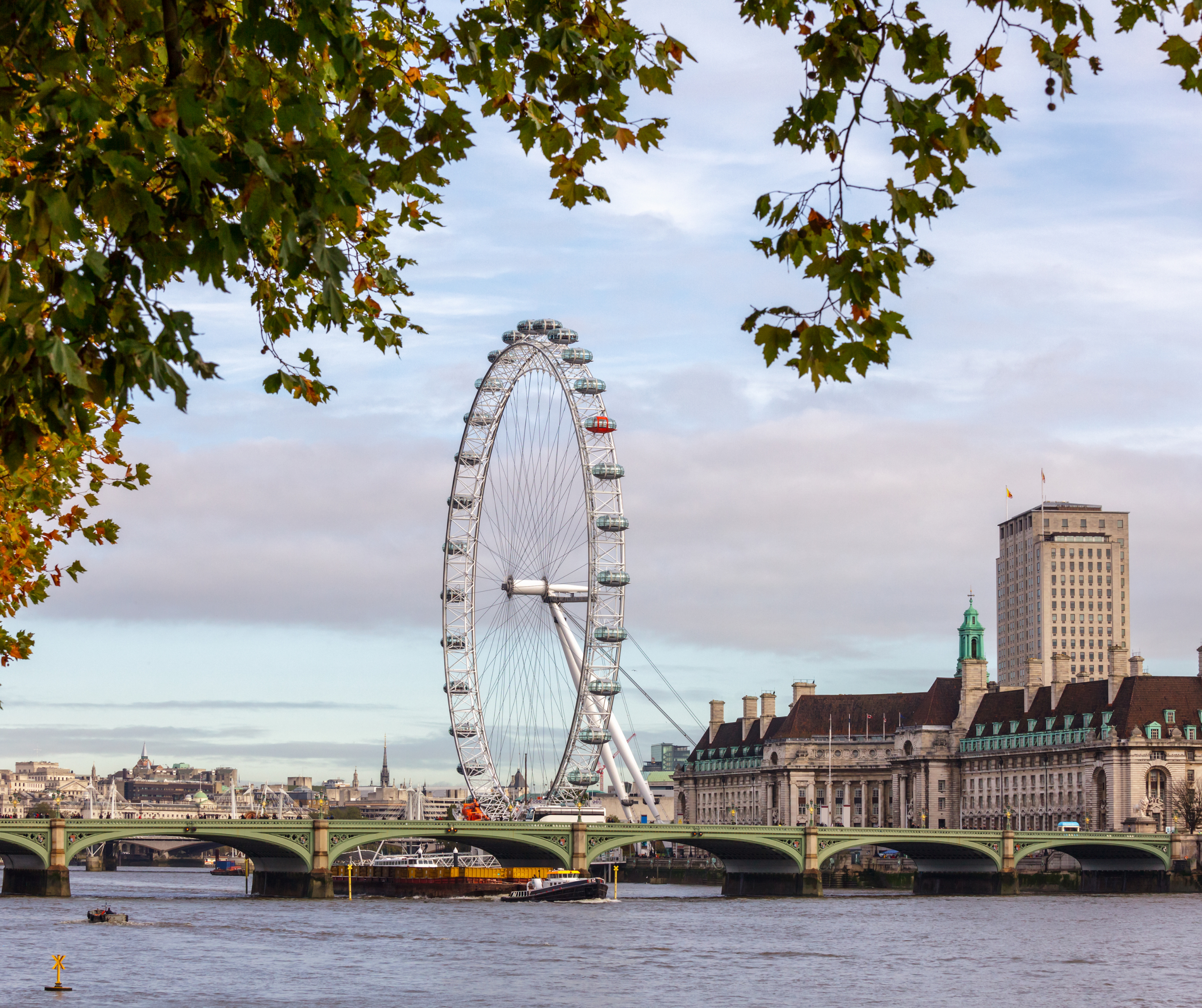 The London Eye ferris wheel beside the Thames River, framed by autumn leaves and city buildings in the background.