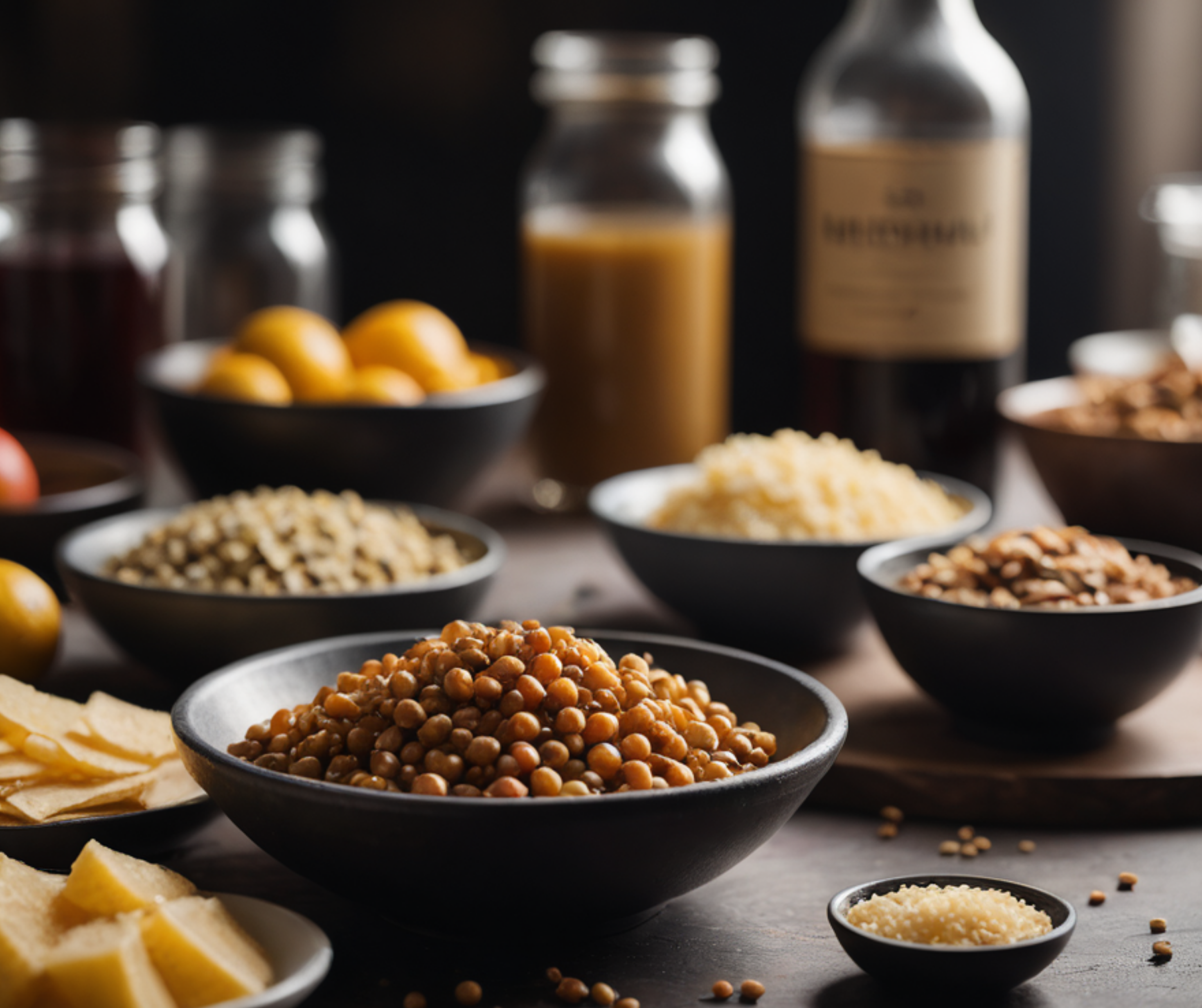 Bowls of different healthy grains and legumes on a table.