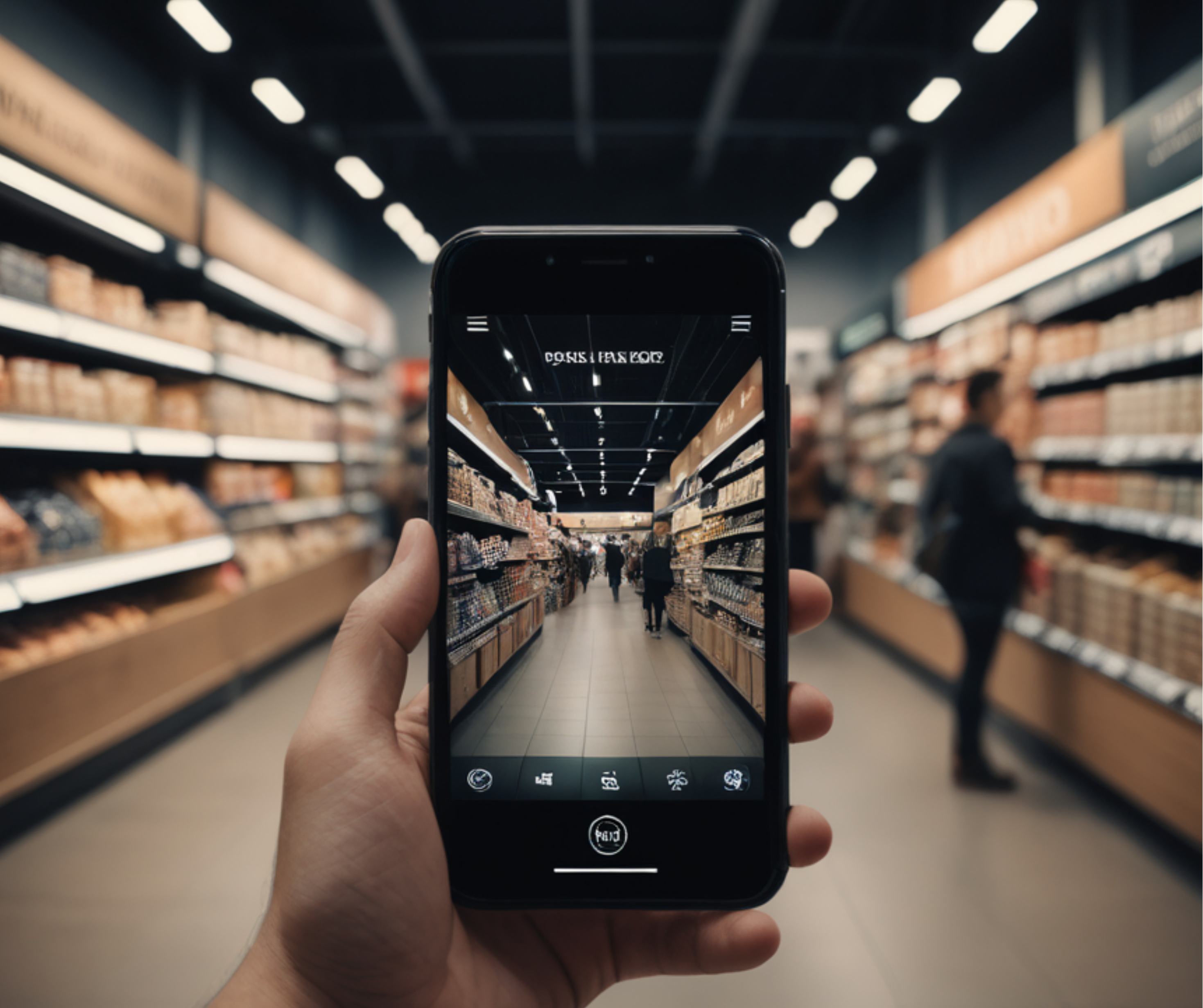 A person holding a smartphone displaying a VR shopping interface in a supermarket aisle, showcasing the integration of virtual reality in grocery shopping.