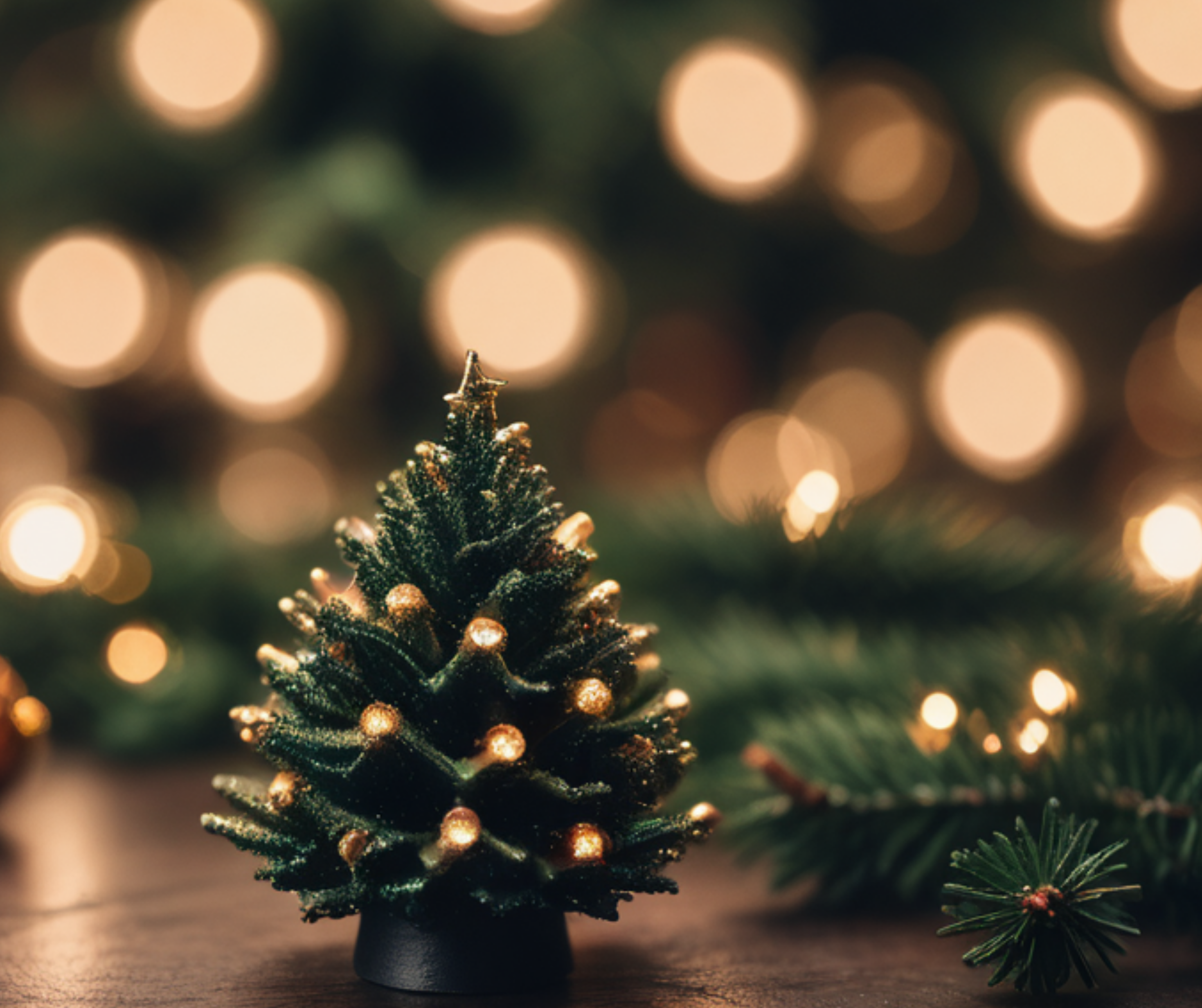 Miniature Christmas tree with festive lights and ornaments, representing the holiday season in Abu Dhabi.