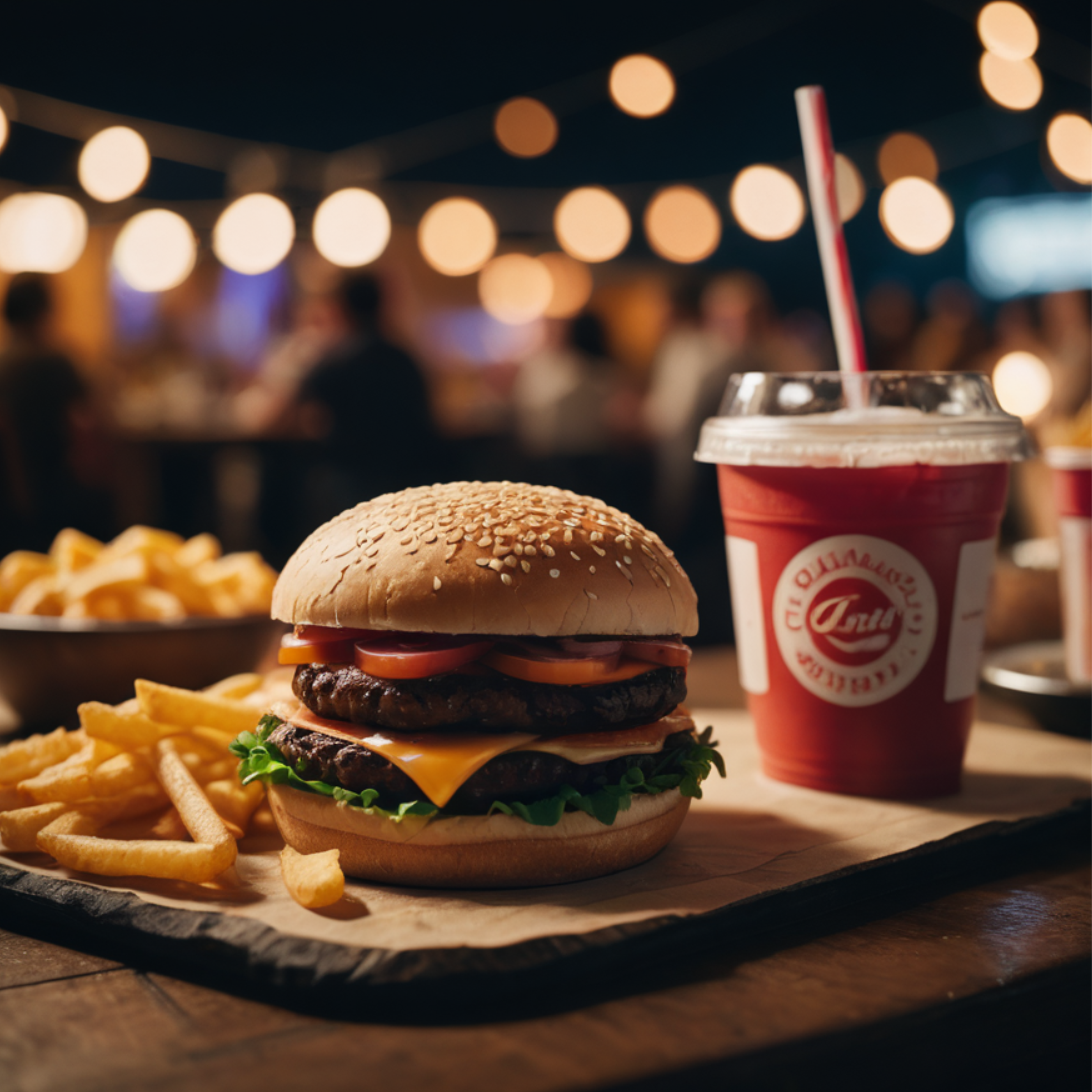 Close-up of a burger, fries, and a drink at a food festival.