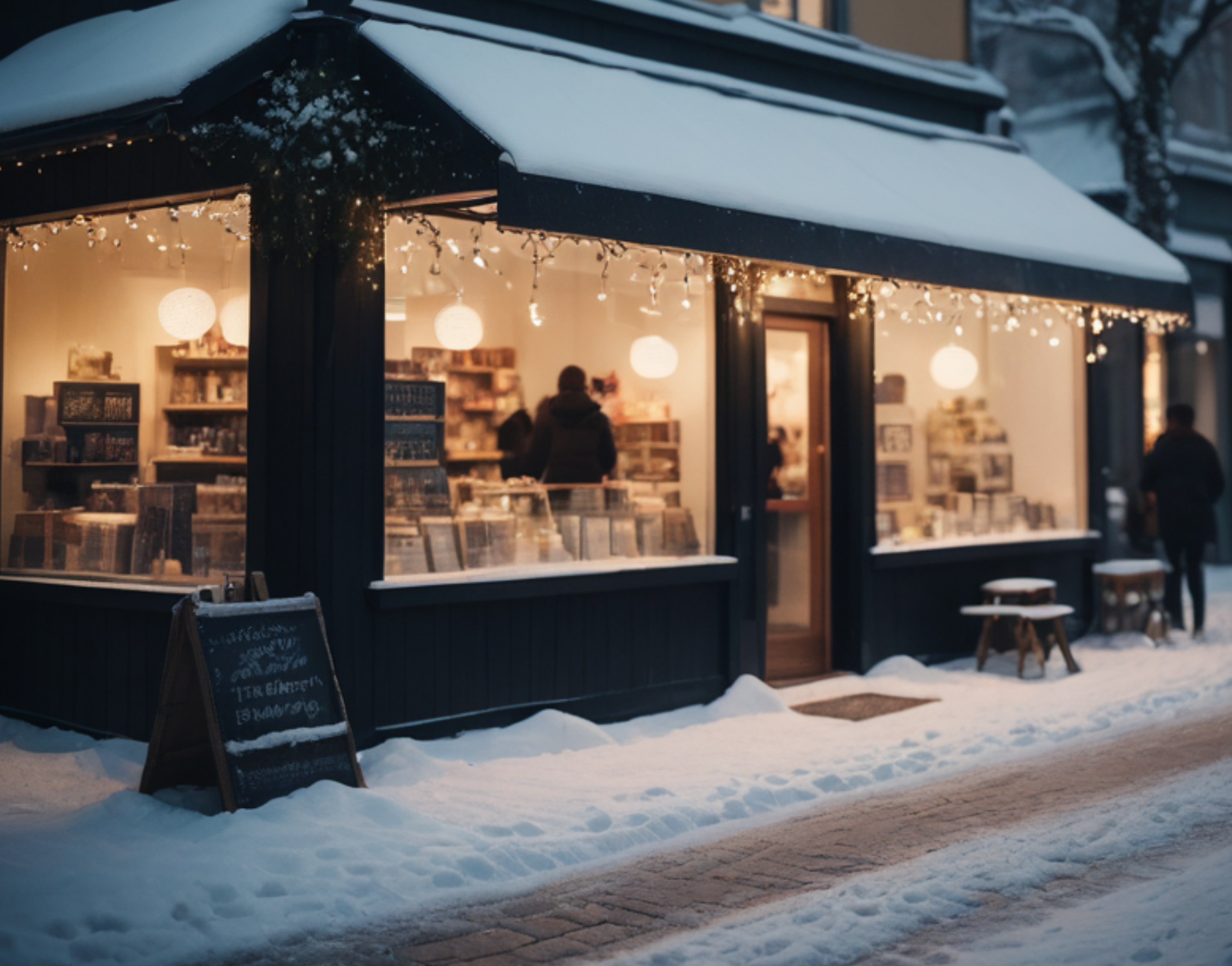 A winter pop-up store in New York City with snowy surroundings and people shopping inside, showcasing holiday merchandise.