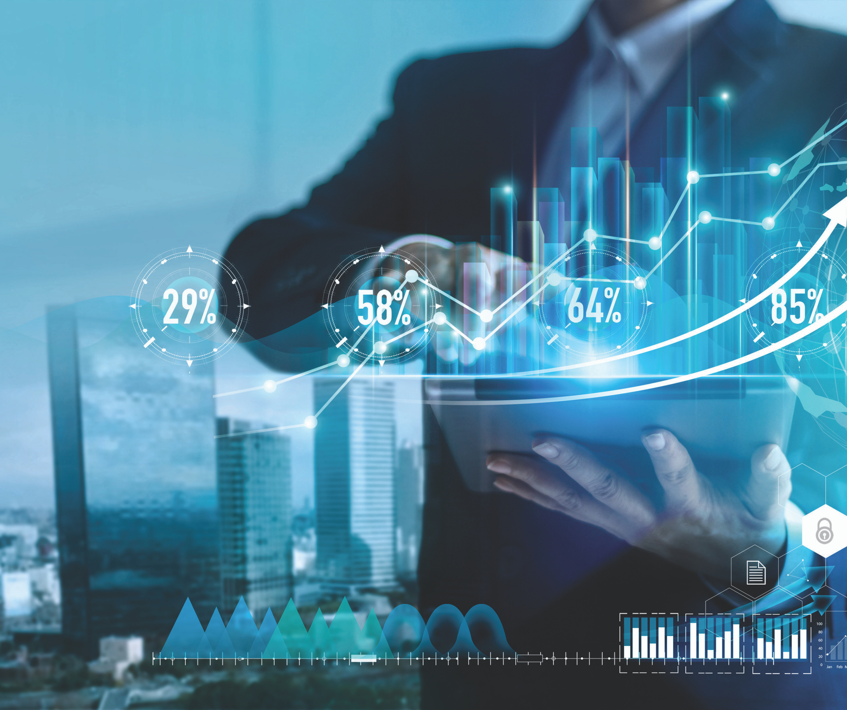 Businessman using a tablet to display digital data visualization with growth percentages and graphs.