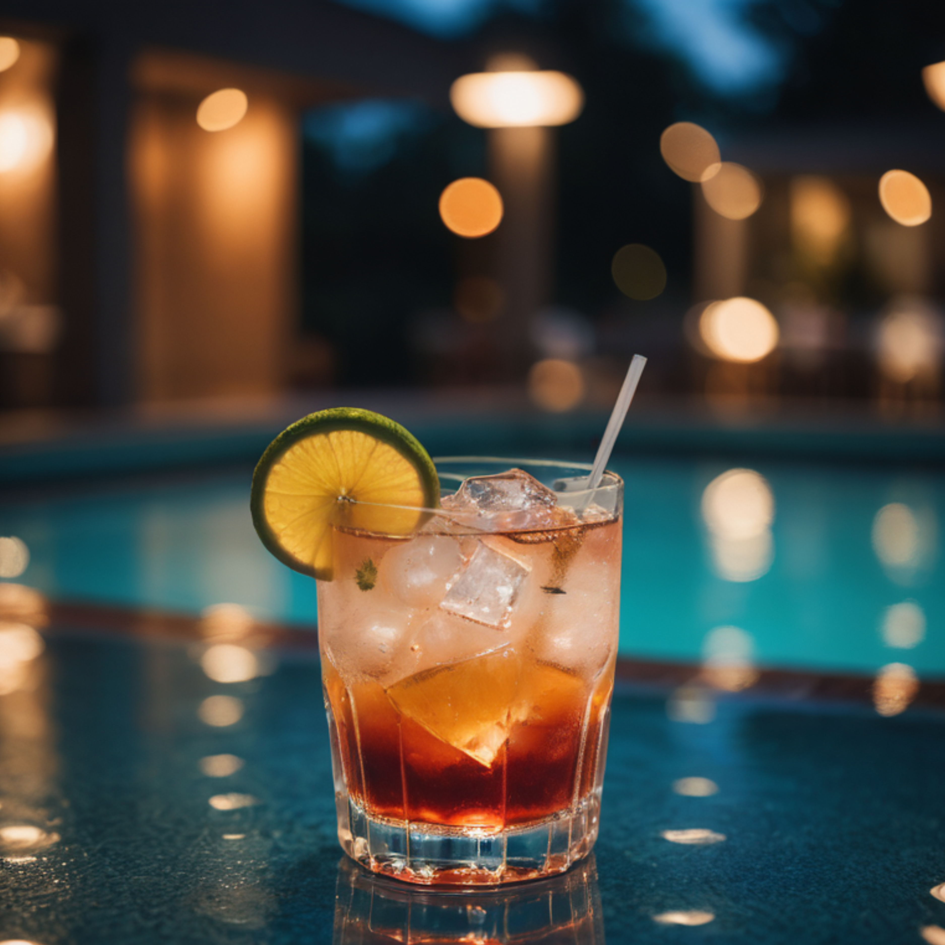 Cocktail with ice cubes and a lime slice, set against a poolside backdrop in the evening.